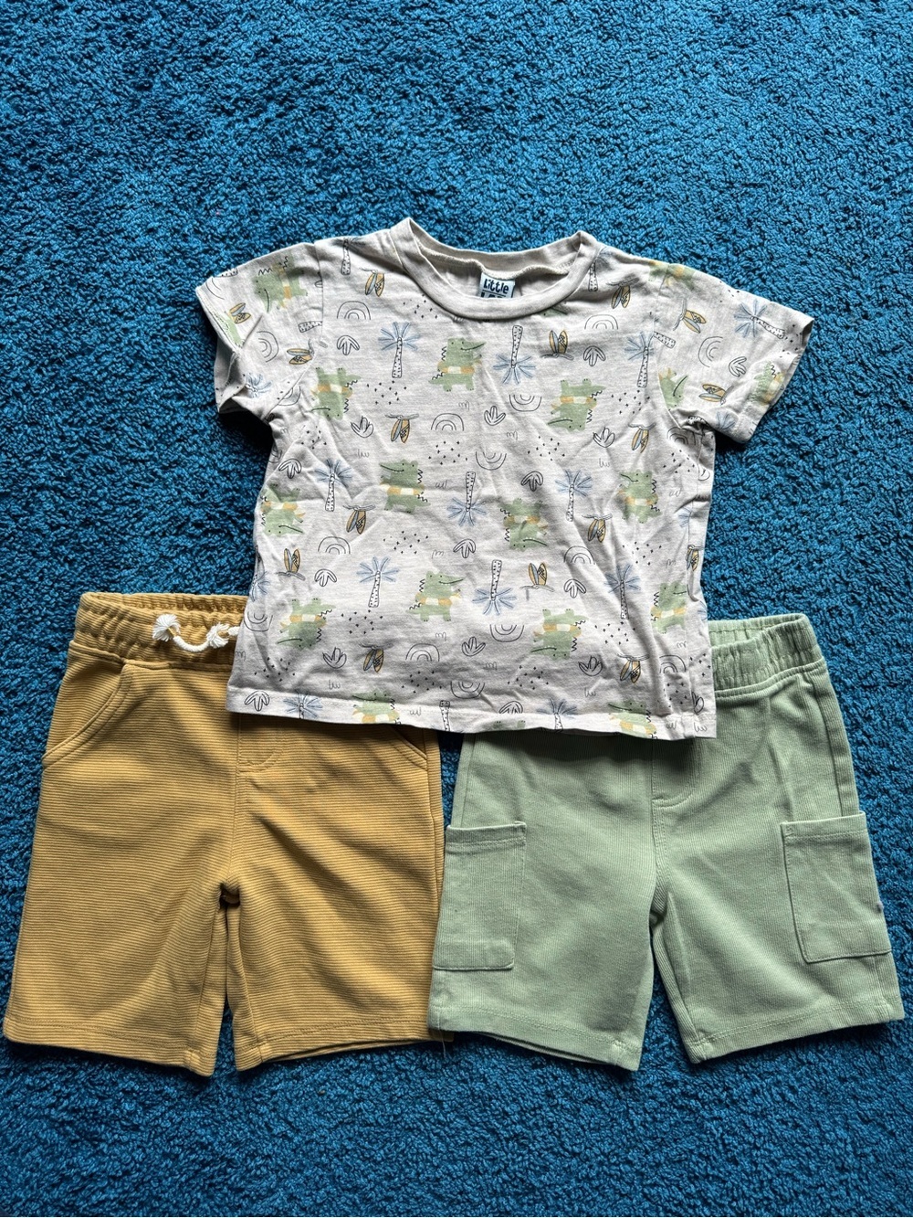 Little Lad Toddler Summer Tee with Dino Print + Mustard & Sage Shorts Set